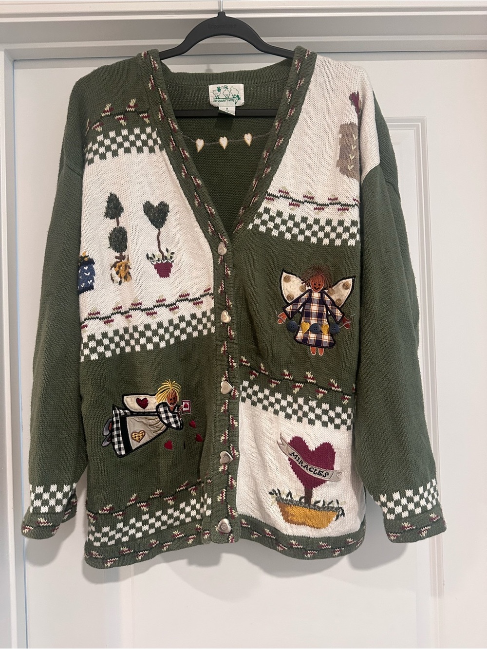 Quacker Factory Olive and Cream Patchwork Embroidered Button Cardigan